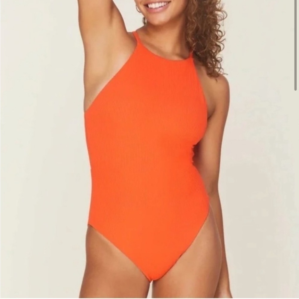 NWT Andie Swim Asbury Rib One Piece Swimsuit Sire Bright Orange Sz M